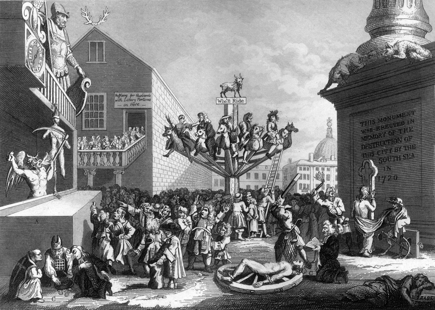 Emblematical Print on the South Sea Scheme , satyrinė graviūra apie South Sea schemą